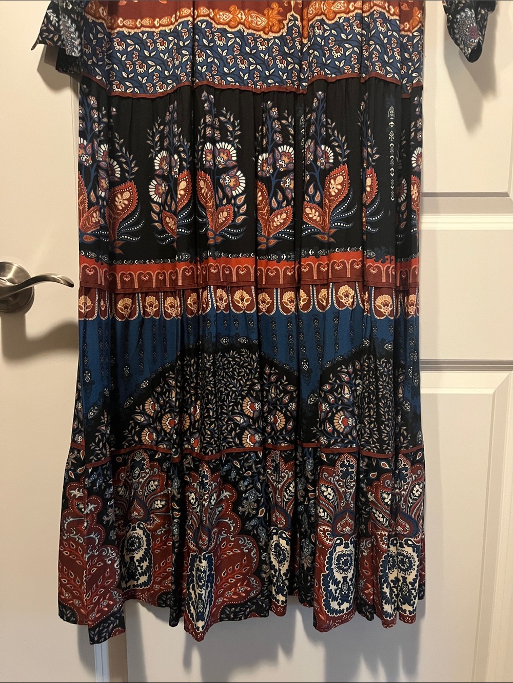 Lace-Yoke Boho Patchwork Tunic Dress in Black & Rust size Large - Picture 2 of 8